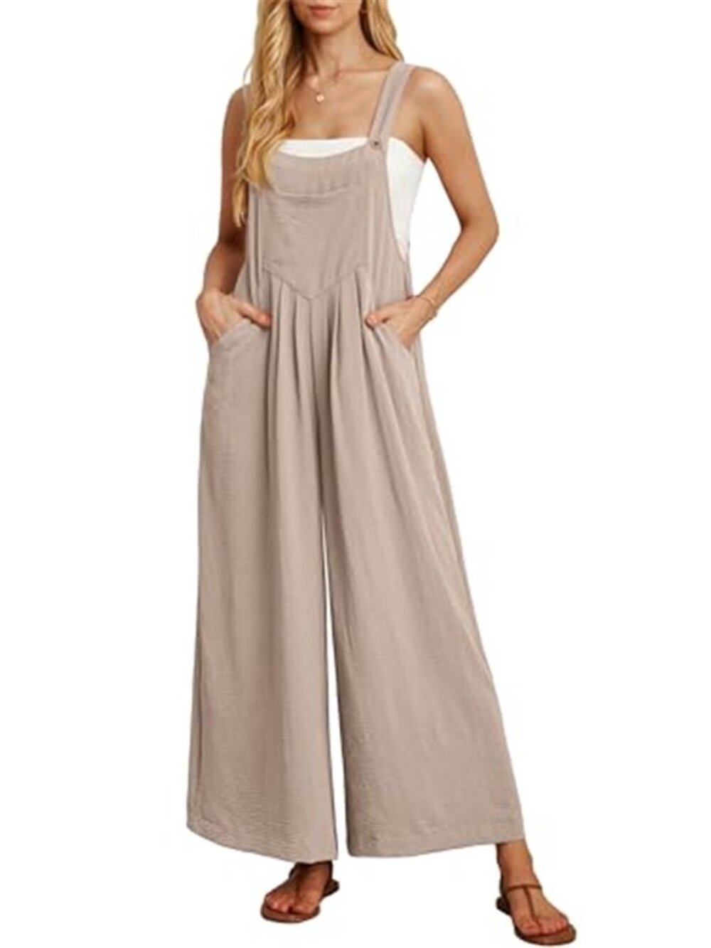 Womens Wide Leg Jumpsuit Rompers Overalls Sleeveless Pockets Boho Casual Loose